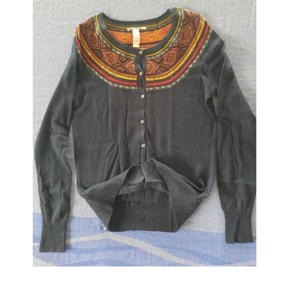 Lucky Brand Navy Wool Blend Fair Isle Yoke Nomad Cardigan Sweater Womens Large